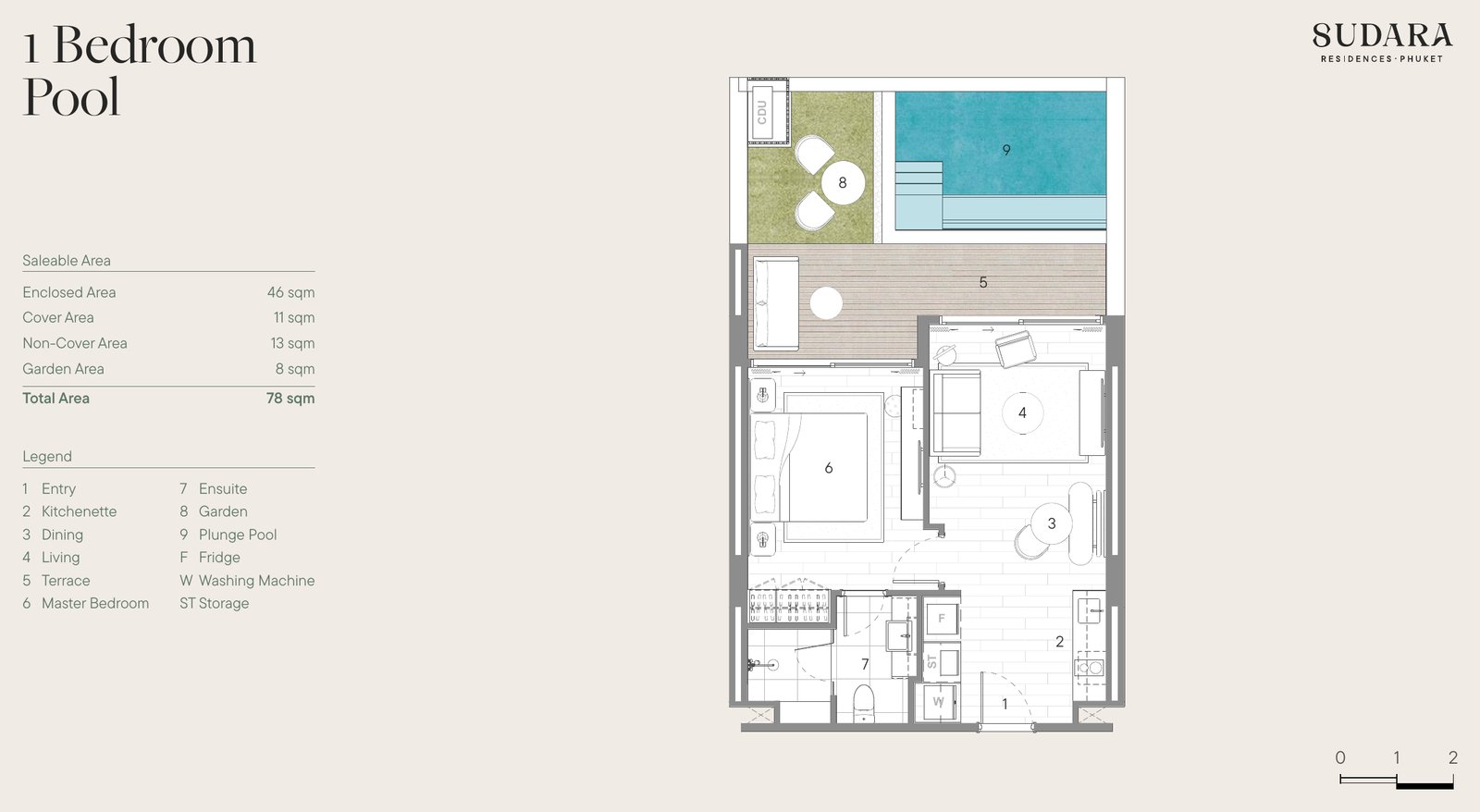Sudara, планировка однокомнатная (1 спальня) с бассейном Pool, 78 м²