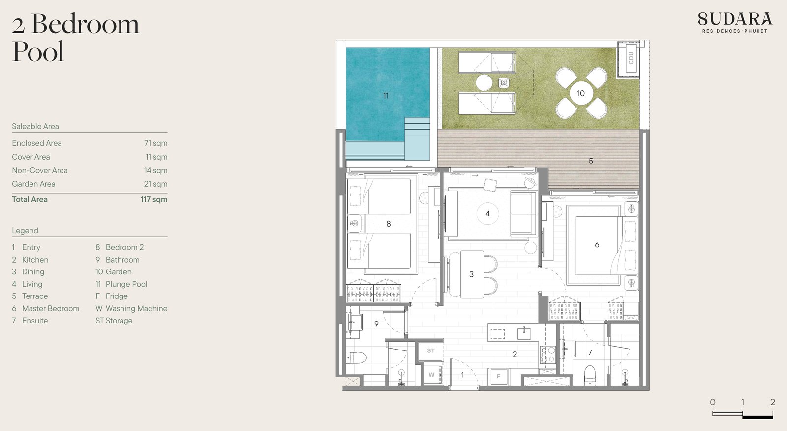 Sudara, планировка двухкомнатная (2 спальни) с бассейном Pool, 117 м²