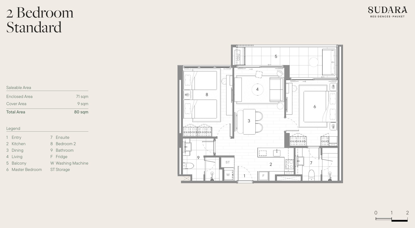 Sudara, планировка двухкомнатная (2 спальни) Standard, 80 м² (жилая 71 м²)