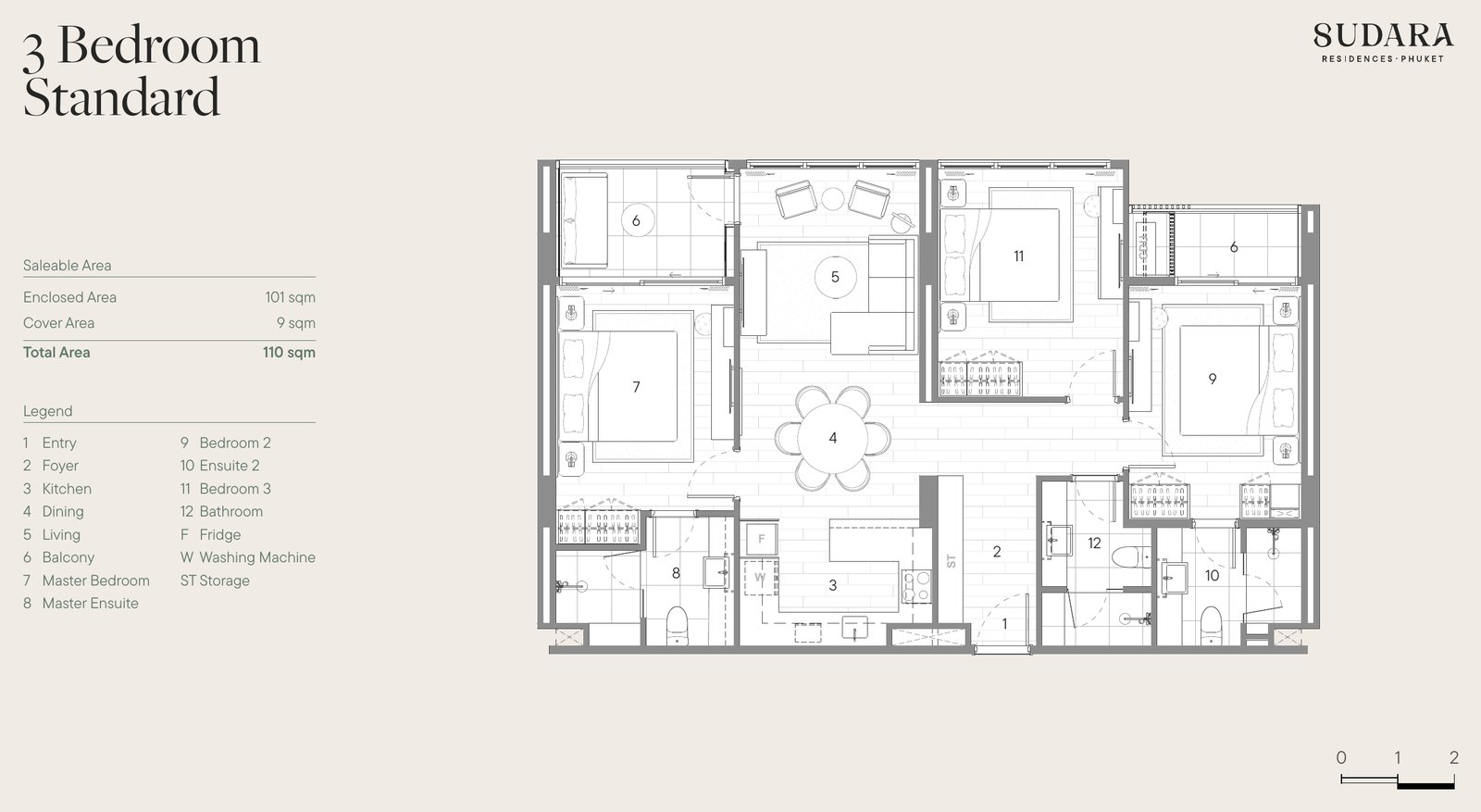 Sudara, планировка трёхкомнатная (3 спальни) Standard, 110 м² (жилая 101 м²)